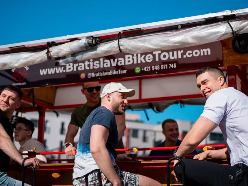 Friends enjoying a ride with Bratislava Bike Tour in Bratislava